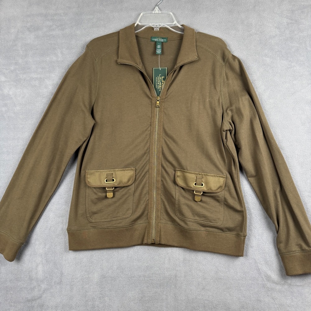 Lauren Ralph Lauren Rustic Olive Full Zip Utility Sweatshirt Cargo Pockets L NWT